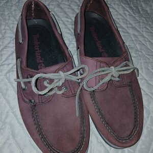 Timberland Burgundy/Purple Boat Shoes with Rawhide Laces Sz 9.5 M EEUC